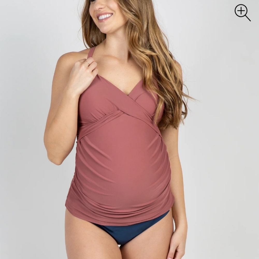 Pinkblush Maternity Tankini Swim Top Mauve Faux Wrap Ruched Adjustable Strap
